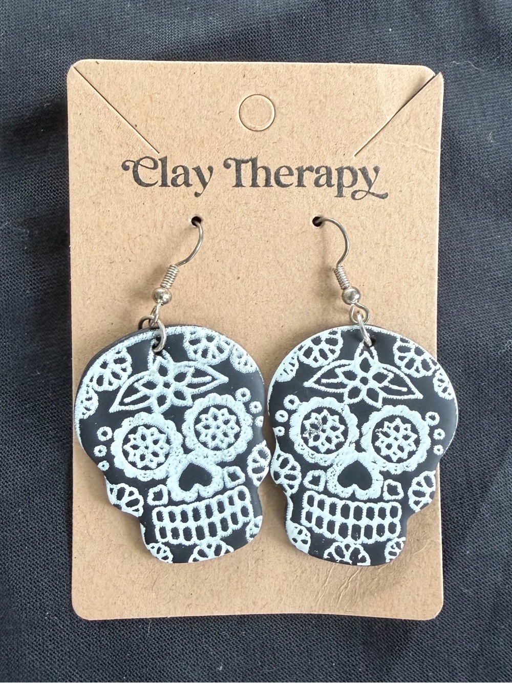 Clay Therapy Black Skull Sugar Skull Earrings